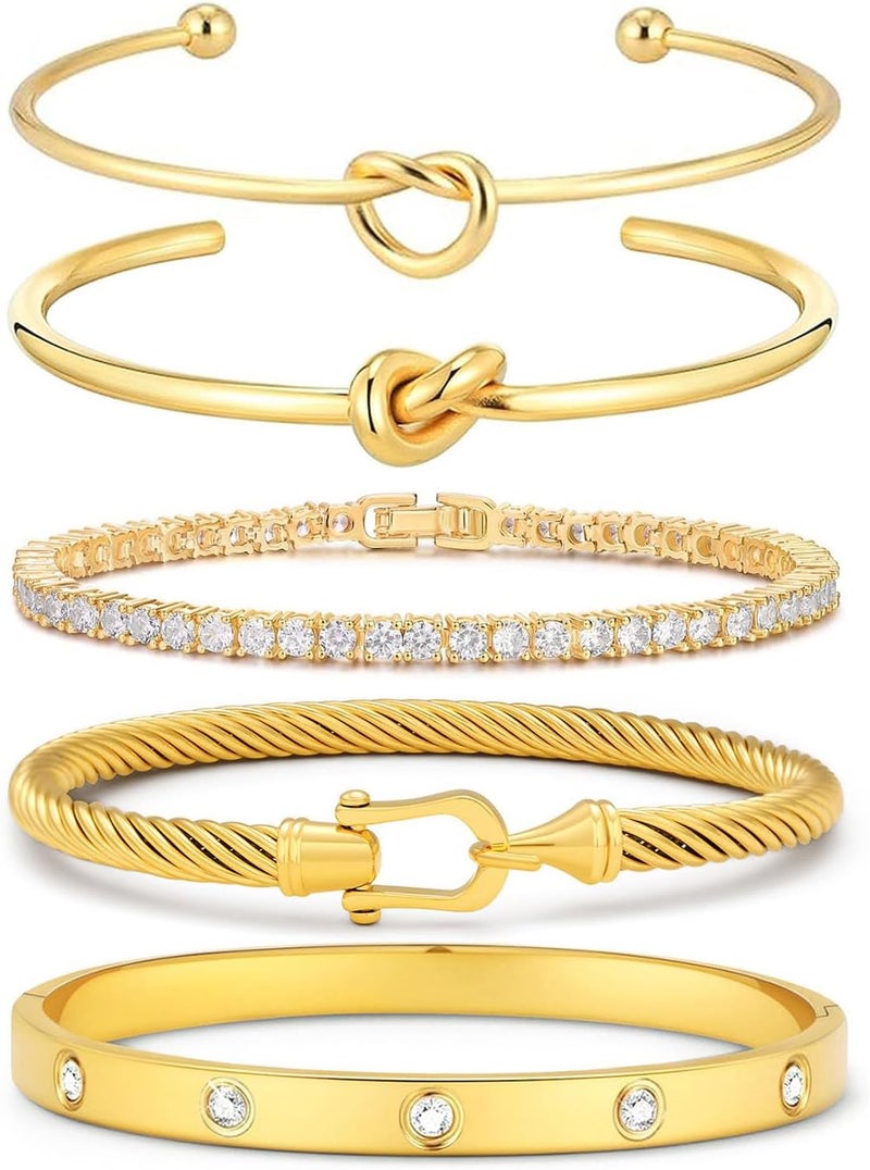FAFUGA 18 K Gold Plated Love Bangle Bracelet Stack Cuff Jewelry for Women Jewelry Set for Women Gift with Box - Image 1